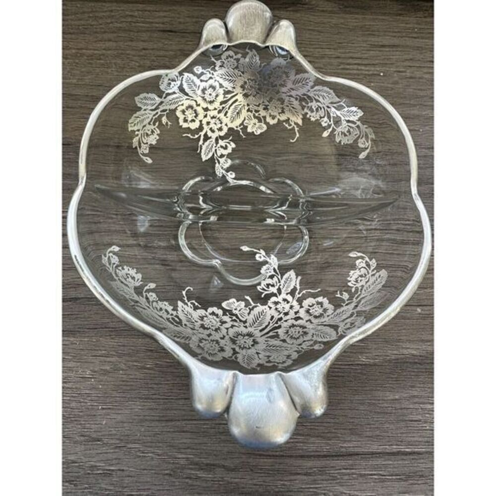 Divided  Relish Dish w/Sterling Silver Overlay Floral & Leaf‎ Pattern See Photos